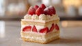 A close up of a piece of cake with strawberries on top, AI