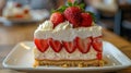 A close up of a piece of cake with strawberries on top, AI