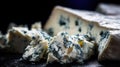 A close up of a piece of cheese with blue and white pieces, AI