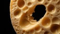 A close up of a piece of cheese with holes in it, AI