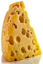 Close up of piece of cheese with holes in it. Generative AI