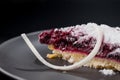 Close-up piece of cherry pie sprinkled with powdered sugar on a plate