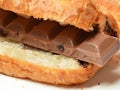 Close up of a piece of chocolate in the middle of the croissant