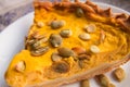 Close-up of a piece of freshly baked pumpkin pie sprinkled with pumpkin seeds for Thanksgiving or the holiday home treat Royalty Free Stock Photo