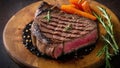 A close up of a piece of grilled steak on a cut, plating with spice and ingridients