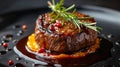 A close up of a piece of meat with sauce and rosemary, AI Royalty Free Stock Photo