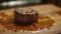 A close up of a piece of meat sitting on top of some sauce, AI Royalty Free Stock Photo