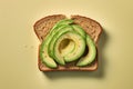 Close-up of a piece of toast bread with slices of avocado and seasonings. Generated by AI