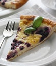 Close-up of a piece of traditional Wallachian blueberry pie called \