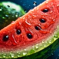 close-up of a piece of watermelon with water drops,