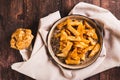 Close up of pieces of celery root fried with paprika on a plate on the table top view