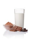 Close-up pieces of chocolate bar with cocoa beans, bowl of cocoa powder and glass of milk