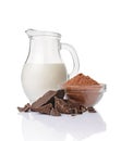 Close-up pieces of chunk black chocolate with glass bowl of cocoa powder andÃ¯Â¿Â½jug of milk