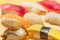 Close up on Japanese sushi of congridae,grilled egg,shrimp,squid, scallop and tuna. Royalty Free Stock Photo