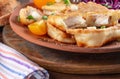 close-up pieces of tilapia fish in cheese batter lightly fried in olive oil. Front, close view Royalty Free Stock Photo