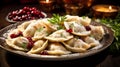 Close-up of Pierogi. Beautifully garnished Polish Christmas Eve dish. Pierogi are neatly arranged on vintage ceramic