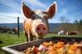 close-up of a pig eating from a full trough Royalty Free Stock Photo