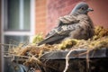 close-up of pigeon nest on building ledge