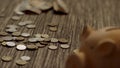 Close up for piggy bank with coins falling on the old wooden table, saving money concept. Pink moneybox with many coins