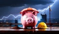 Close up of a piggy bank on rainy construction site. Real estate branch crisis