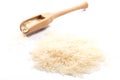 Close-up of pile of Basmati rise in a wooden spoon on white back