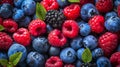 A close up of a pile of blueberries, raspberries and blackberries, AI
