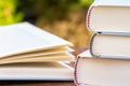 Close up of a Pile of Books on Table Outdoor