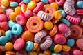 A close up of a pile of candy. Candy flat colorful background.