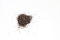 Close up of a pile of chia seeds Salvia hispanica on a white isolated background.