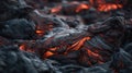 a close up of a pile of coal with a fire in the background and a black background with a red light coming from the top of it