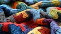 A close up of a pile of colorful knitted blankets, AI