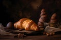 Close Up Of Pile Of Delicious Croissants On A Dark Background. Homemade Croissants. Neural Network AI Generated
