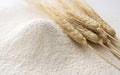 Close-up of a pile of flour and ears of wheat being sifted