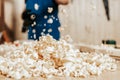 Close-up of a pile of fresh wooden sawdust