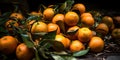 close-up of a pile of freshly picked oranges still covere two generative AI