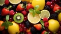 A close up of a pile of fruit with lemons, limes and kiwi, AI Royalty Free Stock Photo