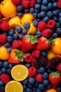 A close up of a pile of fruit with oranges, raspberries, and blueberries. Generative AI image.