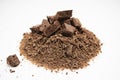 Close-up of a pile of grated porous chocolate for confectionery