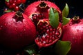 Close up of pile of juicy fresh pomegranate with leaves