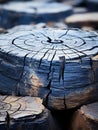 a close up of a pile of logs with a tree stump in the middle