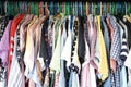 pile of messy clothes in closet. Untidy cluttered woman wardrobe Royalty Free Stock Photo