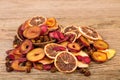 Close Up Of Pile Of Organic Raw Sun Dried Fruits Mix Of Oranges, Plum, Strawberries, Golden Berries And Peach On Wooden Table