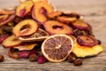 Close Up Of Pile Of Organic Raw Sun Dried Fruits Mix Of Oranges, Plum, Strawberries, Golden Berries And Peach On Wooden Table