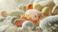 A close up of a pile of pills and capsules on the ground, AI