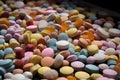 a close up of a pile of pills and pills on a table with one pill in the middle of the pile and one in the middle of the pile Royalty Free Stock Photo