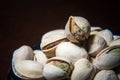 Close up of pile of pistachios nuts. Food mix background, copy space, banner