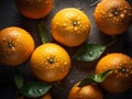 Close up of pile of ripe oranges with stalks and leaves. Royalty Free Stock Photo