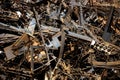 Close-up of a pile of rusty scrap metal in a landfill outside the city