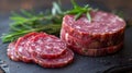 A close up of a pile of sliced salami on top of some herbs, AI