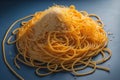 close up of a pile of spaghetti pasta on a dark blue background. generative ai